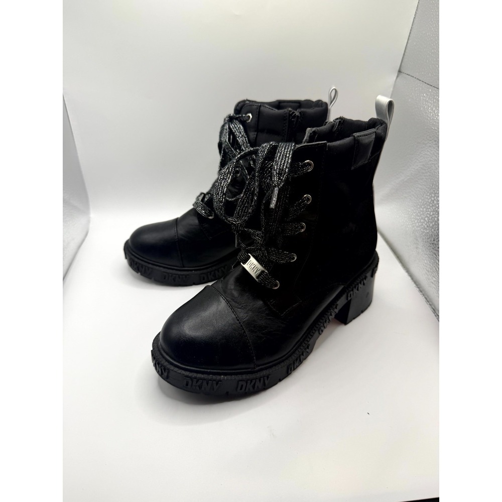 DKNY Hayley DKN1168-1FF Girls 4 Combat Black Leather Ankle Cap Toe Side Zip Boot